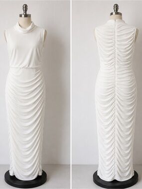 Sleeveless White Ruched Midi Dress with Cowl Neck Very nice for a party.
